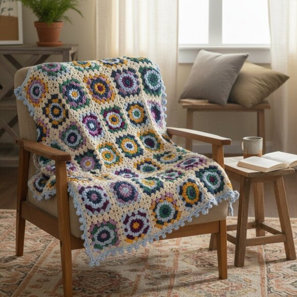 Boho Mardi Gras Crochet Granny Square Throw Blanket 66" x 58" - Picture 5 of 5